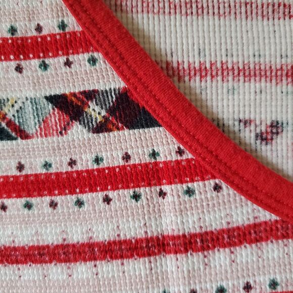 Victorias Secret Red Plaid Striped Waffle Knit T-shirt V Neck Size Large Cozy - Picture 2 of 10